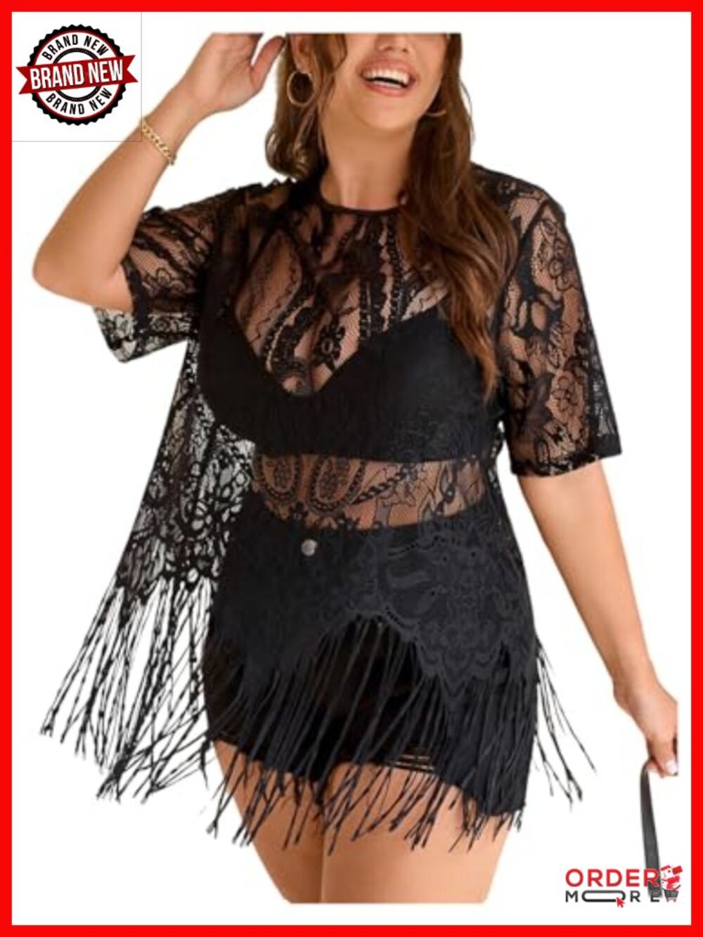 Plus Size Boho Fringe Lace Mesh Sheer Short Sleeve Tassel Top